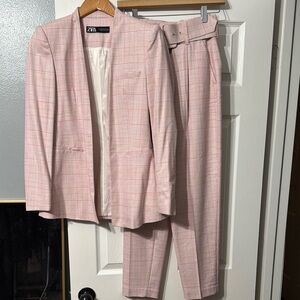 Zara Pink Plaid Womens Suit Blazer and Pants